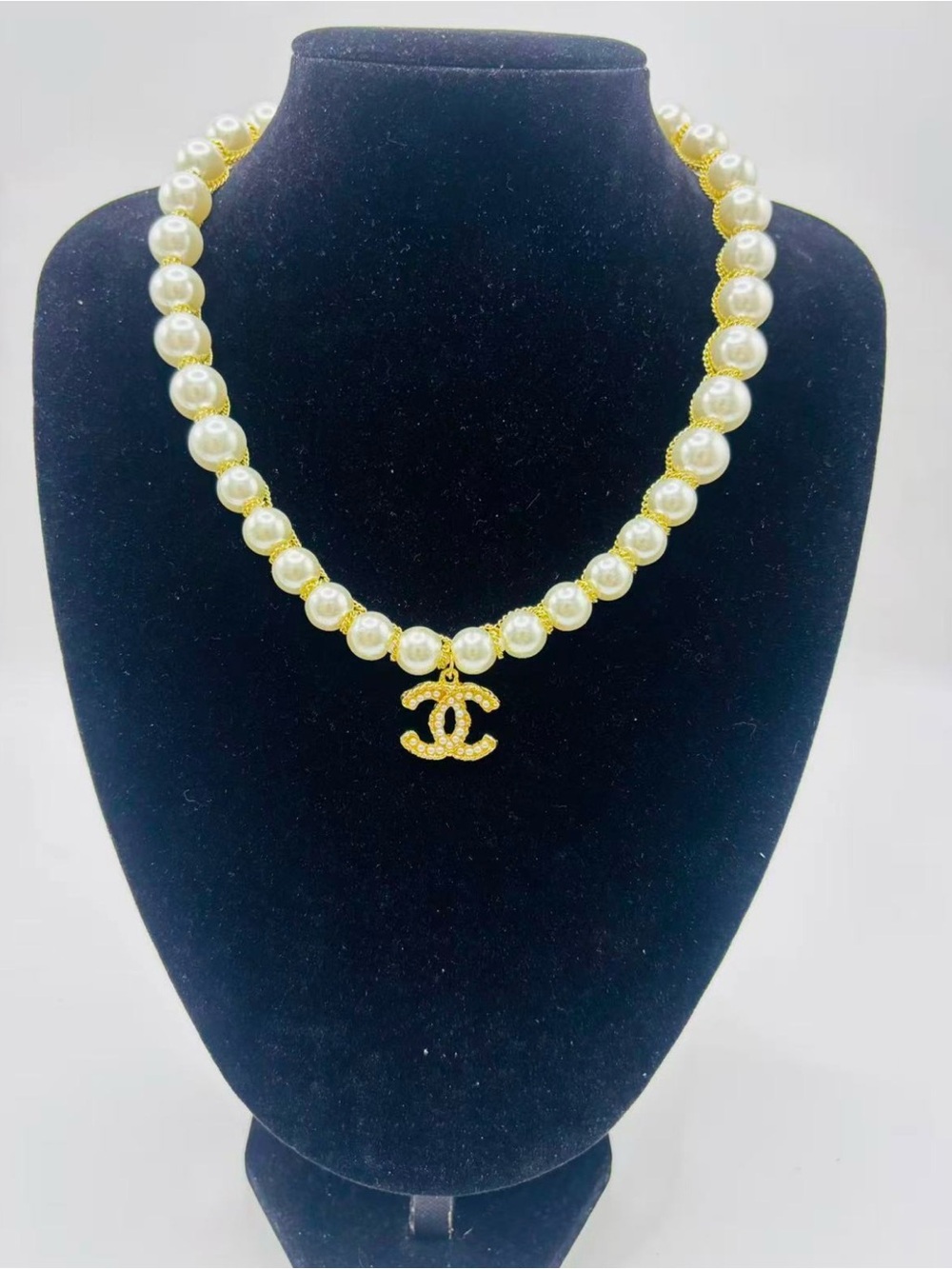 Gold-Tone Logo Pearl Necklace - White Pearls with Gold Pendant